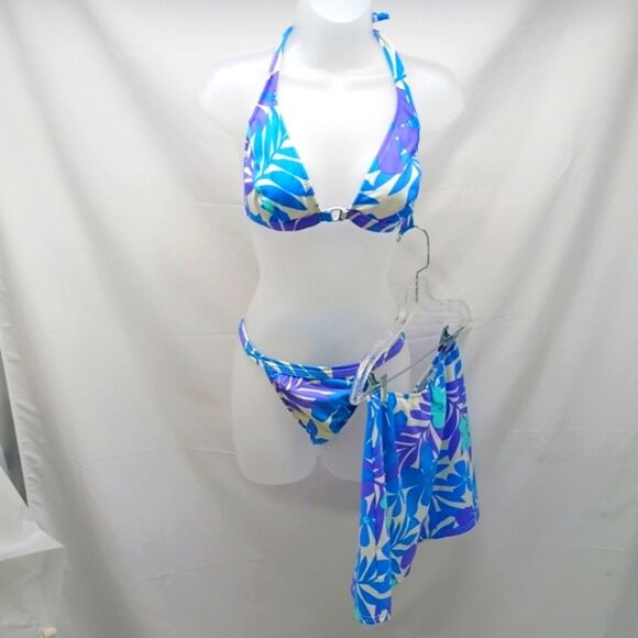 Venus Trio Vibrant Blue Purple Bikini Set with Halter Top, Bottom & Skirt Large. - Picture 2 of 11